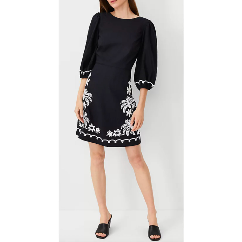 NEW ANN TAYLOR BLACK PETITE EMBROIDERED LINEN BLEND OPEN BACK FLARE DRESS 0P 0